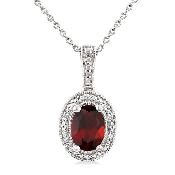 7X5 MM Oval Shape Garnet and 1/50 Ctw Round Cut Diamond Semi-Precious Pendant With Chain in Sterling Silver