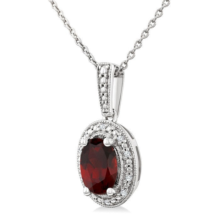7X5 MM Oval Shape Garnet and 1/50 Ctw Round Cut Diamond Semi-Precious Pendant With Chain in Sterling Silver