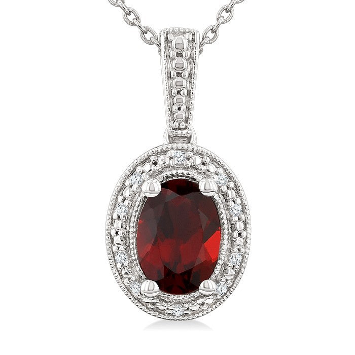 7X5 MM Oval Shape Garnet and 1/50 Ctw Round Cut Diamond Semi-Precious Pendant With Chain in Sterling Silver