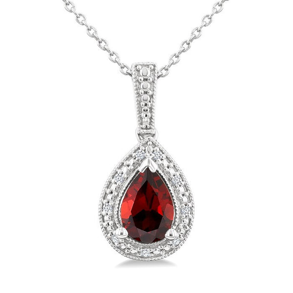 7X5 MM Pear Shape Garnet and 1/50 Ctw Round Cut Diamond Semi-Precious Pendant With Chain in Sterling Silver