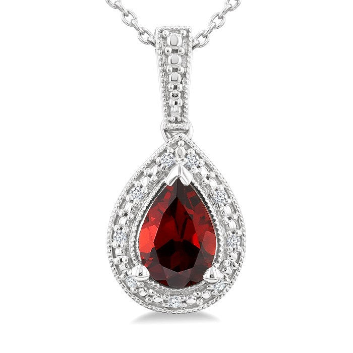 7X5 MM Pear Shape Garnet and 1/50 Ctw Round Cut Diamond Semi-Precious Pendant With Chain in Sterling Silver