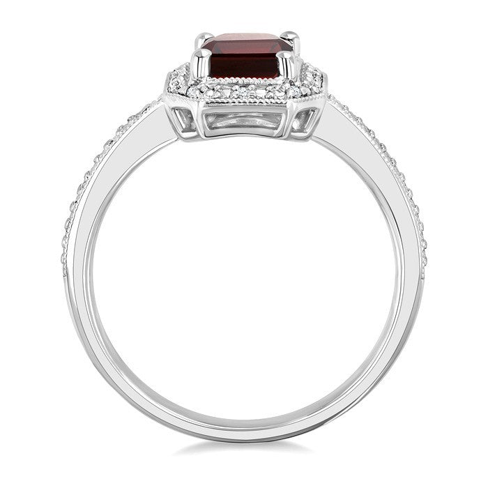7X5 MM Octagon Shape Garnet and 1/50 Ctw Round Cut Diamond Semi-Precious Ring in Sterling Silver
