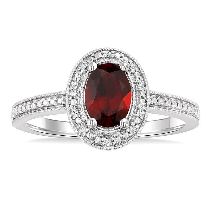 7X5 MM Oval Shape Garnet and 1/50 Ctw Round Cut Diamond Semi-Precious Ring in Sterling Silver