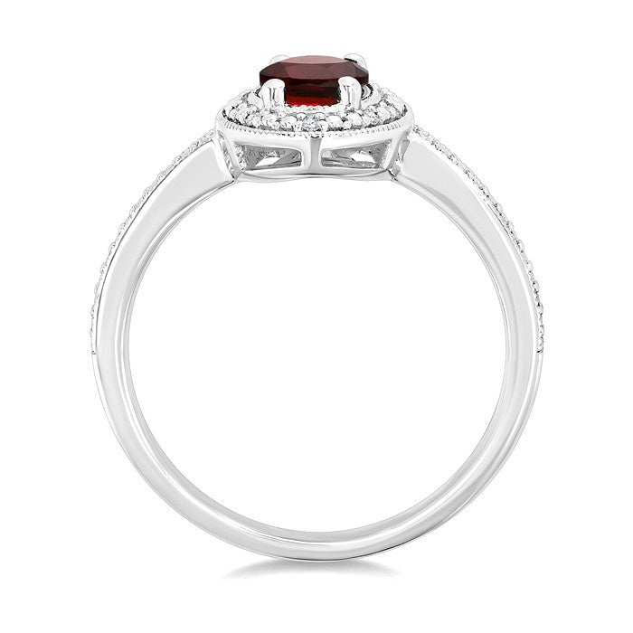 7X5 MM Oval Shape Garnet and 1/50 Ctw Round Cut Diamond Semi-Precious Ring in Sterling Silver