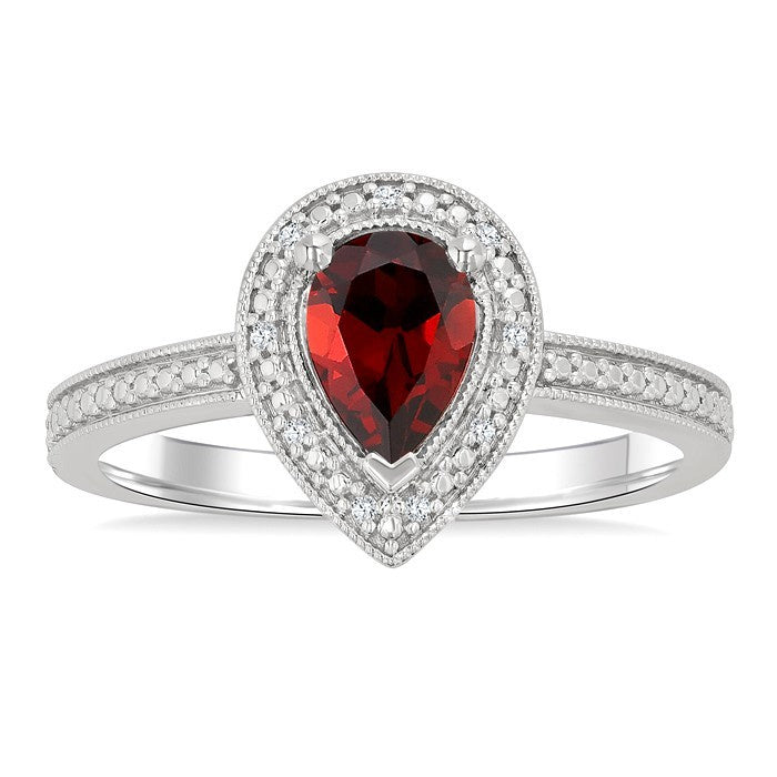 7X5 MM Pear Shape Garnet and 1/50 Ctw Round Cut Diamond Semi-Precious Ring in Sterling Silver