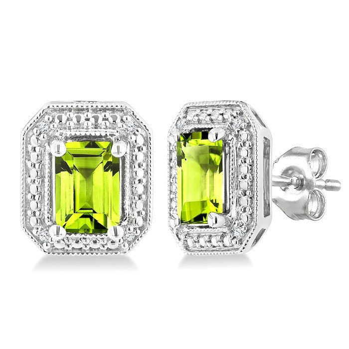 6X4 MM Octagon Shape Peridot and 1/50 Ctw Round Cut Diamond Semi-Precious Earrings in Sterling Silver