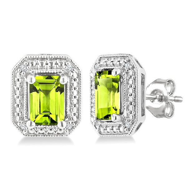 6X4 MM Octagon Shape Peridot and 1/50 Ctw Round Cut Diamond Semi-Precious Earrings in Sterling Silver