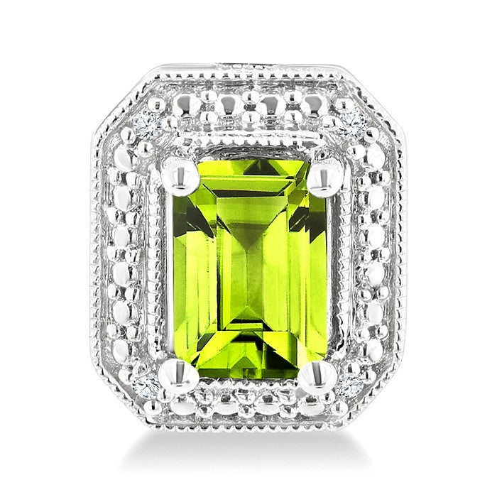 6X4 MM Octagon Shape Peridot and 1/50 Ctw Round Cut Diamond Semi-Precious Earrings in Sterling Silver