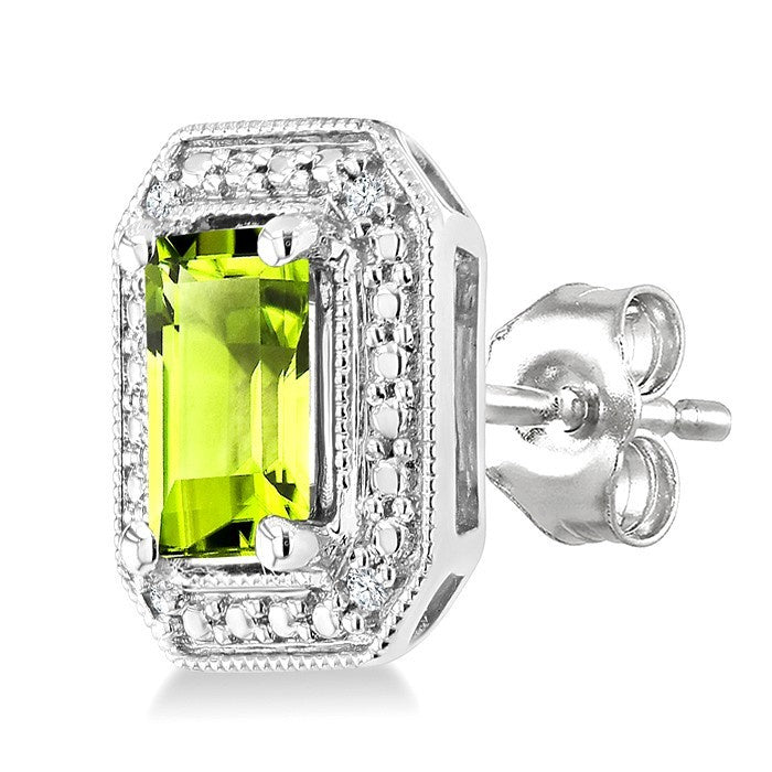 6X4 MM Octagon Shape Peridot and 1/50 Ctw Round Cut Diamond Semi-Precious Earrings in Sterling Silver