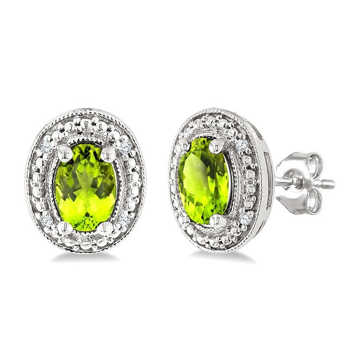 6X4 MM Oval Shape Peridot and 1/50 Ctw Round Cut Diamond Semi-Precious Earrings in Sterling Silver