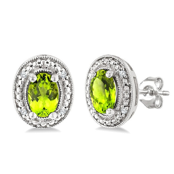 6X4 MM Oval Shape Peridot and 1/50 Ctw Round Cut Diamond Semi-Precious Earrings in Sterling Silver