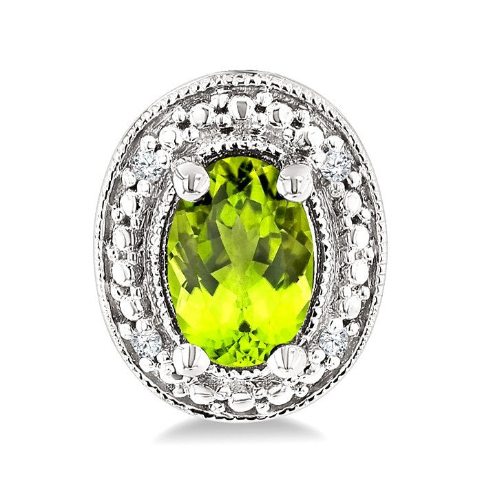 6X4 MM Oval Shape Peridot and 1/50 Ctw Round Cut Diamond Semi-Precious Earrings in Sterling Silver