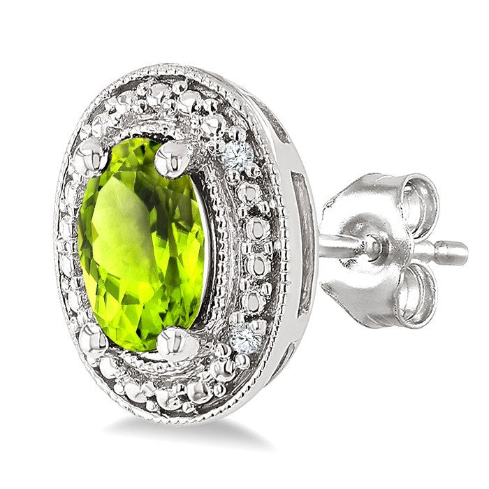 6X4 MM Oval Shape Peridot and 1/50 Ctw Round Cut Diamond Semi-Precious Earrings in Sterling Silver