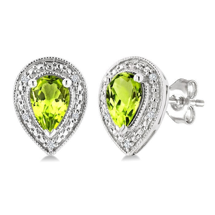 6X4 MM Pear Shape Peridot and 1/50 Ctw Round Cut Diamond Semi-Precious Earrings in Sterling Silver