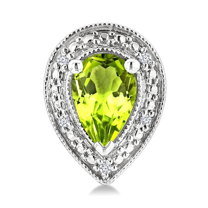 6X4 MM Pear Shape Peridot and 1/50 Ctw Round Cut Diamond Semi-Precious Earrings in Sterling Silver