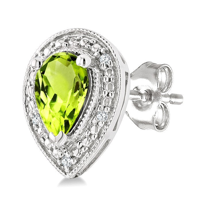 6X4 MM Pear Shape Peridot and 1/50 Ctw Round Cut Diamond Semi-Precious Earrings in Sterling Silver