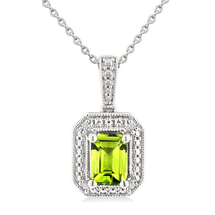 7X5 MM Octagon Shape Peridot and 1/50 Ctw Round Cut Diamond Semi-Precious Pendant With Chain in Sterling Silver