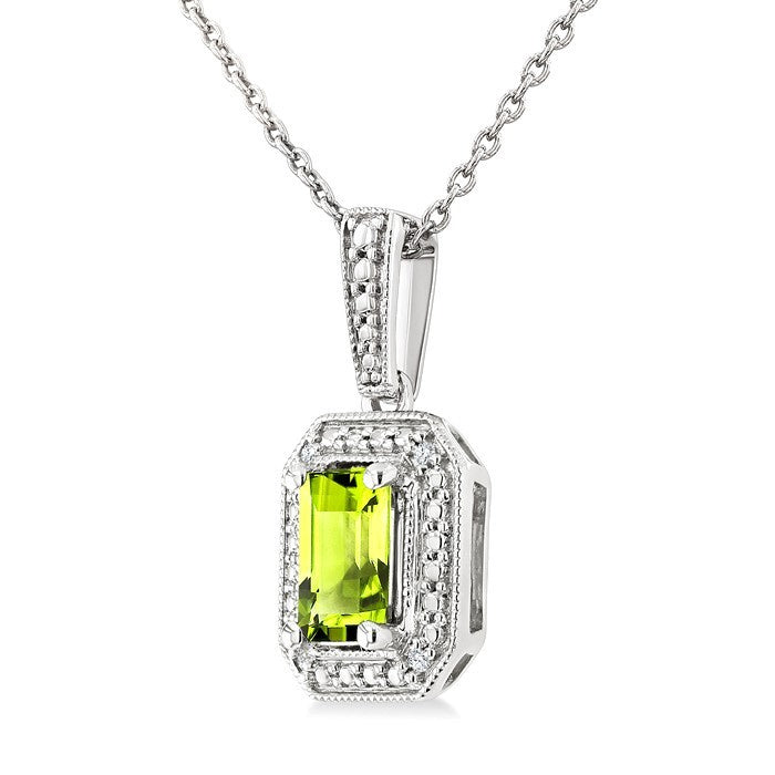 7X5 MM Octagon Shape Peridot and 1/50 Ctw Round Cut Diamond Semi-Precious Pendant With Chain in Sterling Silver