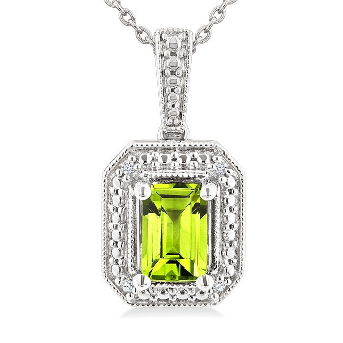 7X5 MM Octagon Shape Peridot and 1/50 Ctw Round Cut Diamond Semi-Precious Pendant With Chain in Sterling Silver