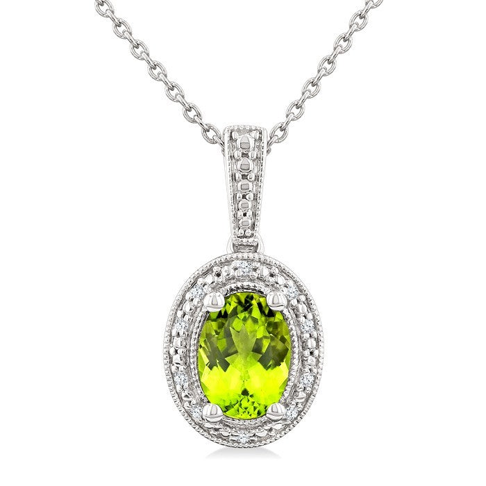 7X5 MM Oval Shape Peridot and 1/50 Ctw Round Cut Diamond Semi-Precious Pendant With Chain in Sterling Silver