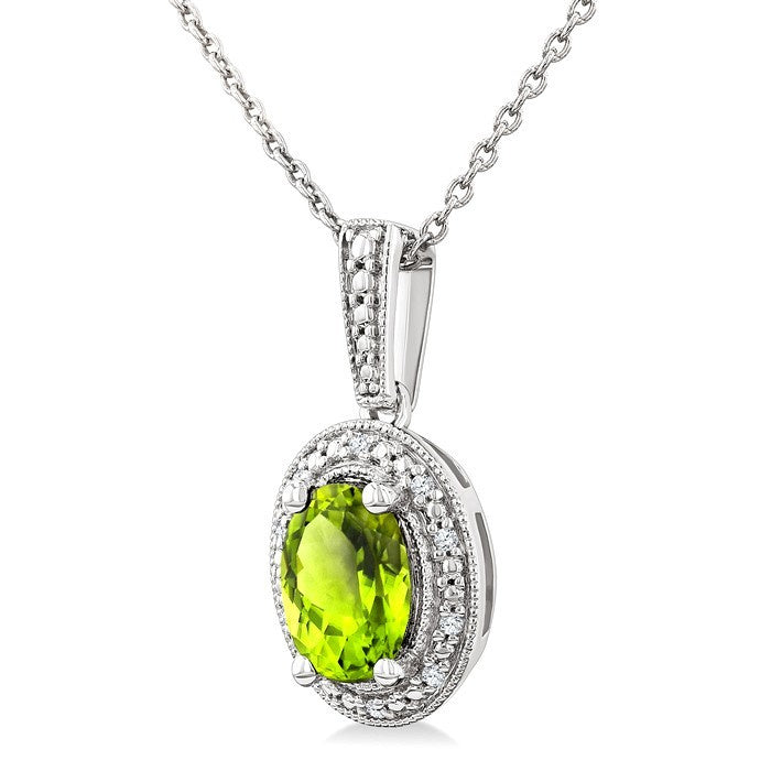 7X5 MM Oval Shape Peridot and 1/50 Ctw Round Cut Diamond Semi-Precious Pendant With Chain in Sterling Silver