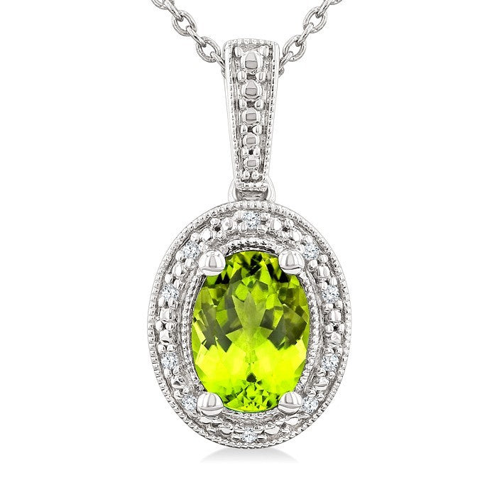 7X5 MM Oval Shape Peridot and 1/50 Ctw Round Cut Diamond Semi-Precious Pendant With Chain in Sterling Silver