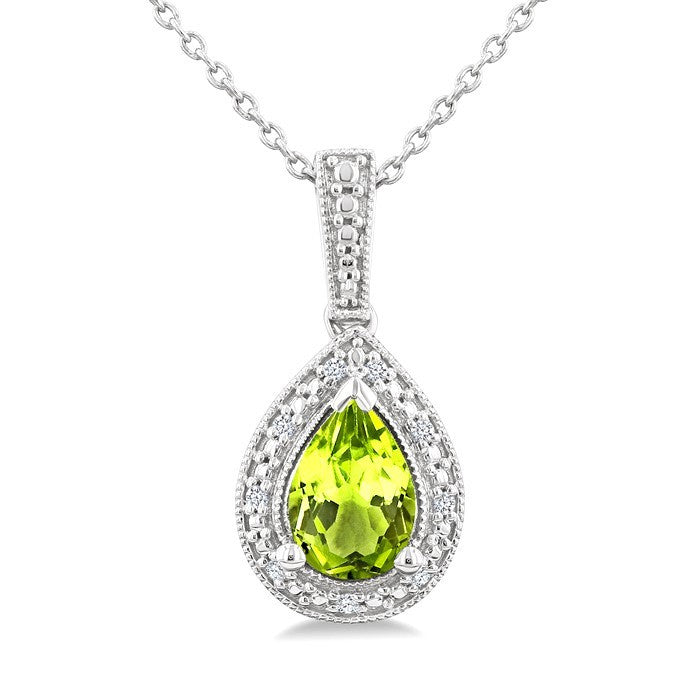 7X5 MM Pear Shape Peridot and 1/50 Ctw Round Cut Diamond Semi-Precious Pendant With Chain in Sterling Silver