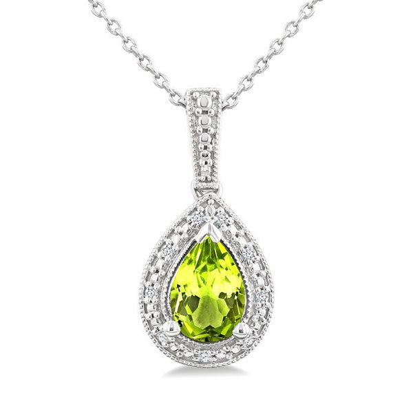 7X5 MM Pear Shape Peridot and 1/50 Ctw Round Cut Diamond Semi-Precious Pendant With Chain in Sterling Silver