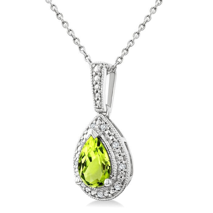 7X5 MM Pear Shape Peridot and 1/50 Ctw Round Cut Diamond Semi-Precious Pendant With Chain in Sterling Silver