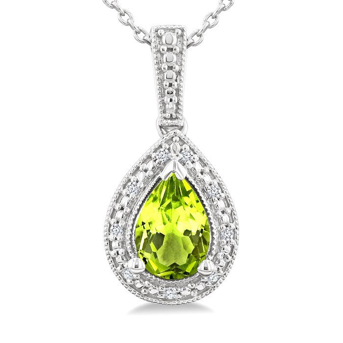 7X5 MM Pear Shape Peridot and 1/50 Ctw Round Cut Diamond Semi-Precious Pendant With Chain in Sterling Silver