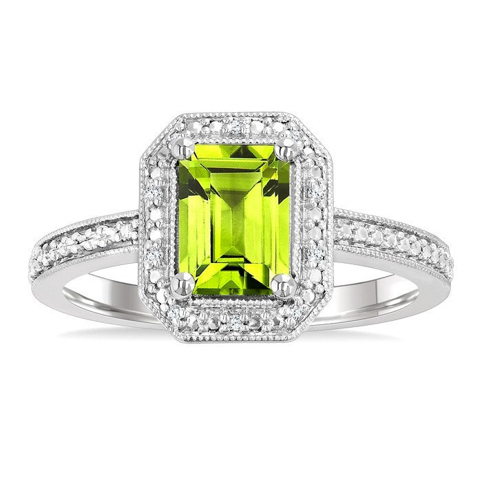 7X5 MM Octagon Shape Peridot and 1/50 Ctw Round Cut Diamond Semi-Precious Ring in Sterling Silver