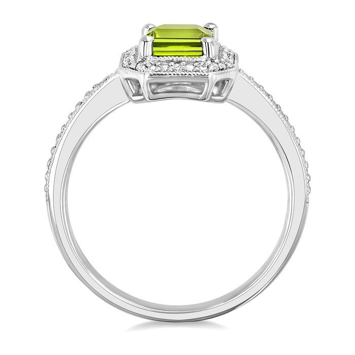 7X5 MM Octagon Shape Peridot and 1/50 Ctw Round Cut Diamond Semi-Precious Ring in Sterling Silver