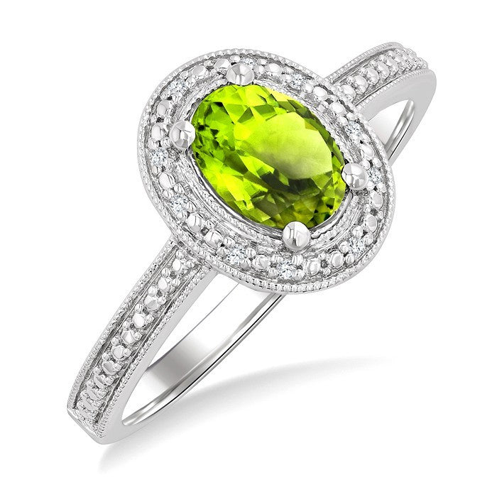 7X5 MM Oval Shape Peridot and 1/50 Ctw Round Cut Diamond Semi-Precious Ring in Sterling Silver