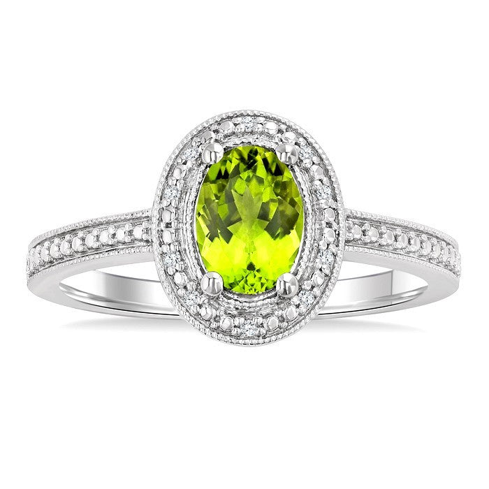 7X5 MM Oval Shape Peridot and 1/50 Ctw Round Cut Diamond Semi-Precious Ring in Sterling Silver