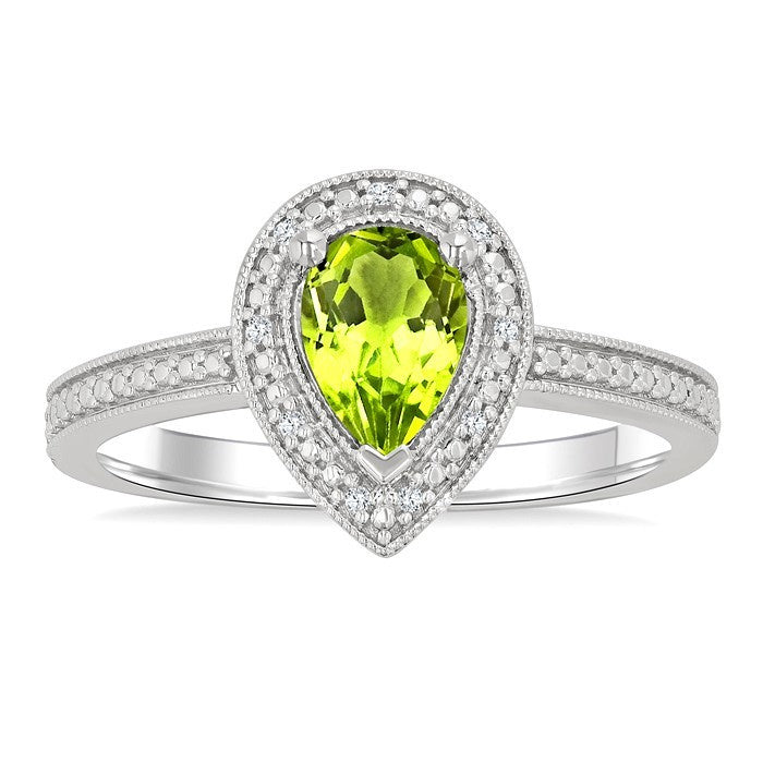 7X5 MM Pear Shape Peridot and 1/50 Ctw Round Cut Diamond Semi-Precious Ring in Sterling Silver