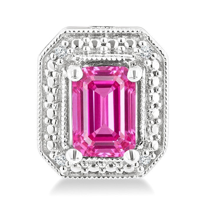6X4 MM Octagon Shape Lab-Created Pink Sapphire and 1/50 Ctw Round Cut Diamond Precious Earrings in Sterling Silver