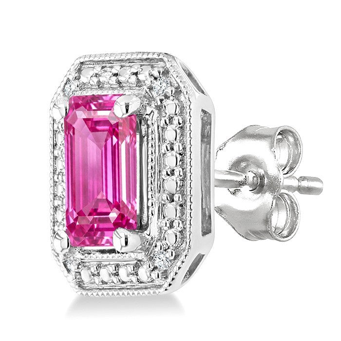6X4 MM Octagon Shape Lab-Created Pink Sapphire and 1/50 Ctw Round Cut Diamond Precious Earrings in Sterling Silver