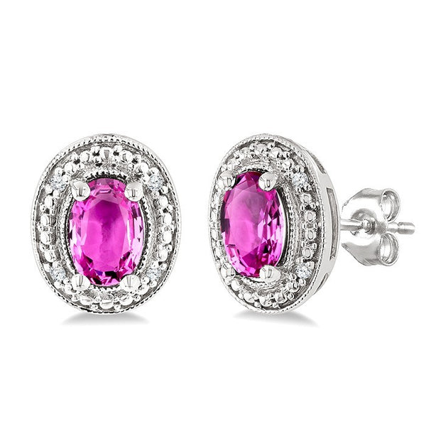 6X4 MM Oval Shape Lab-Created Pink Sapphire and 1/50 Ctw Round Cut Diamond Precious Earrings in Sterling Silver