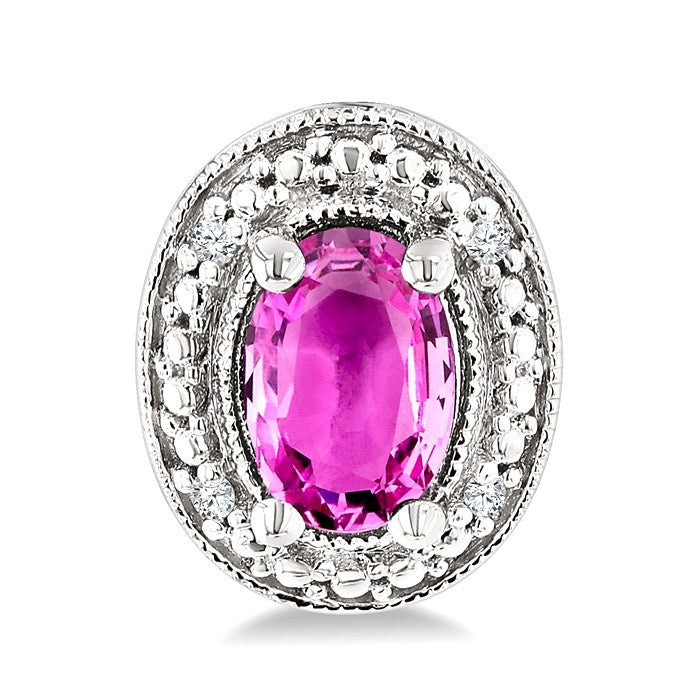 6X4 MM Oval Shape Lab-Created Pink Sapphire and 1/50 Ctw Round Cut Diamond Precious Earrings in Sterling Silver