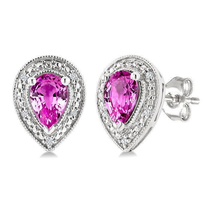 6X4 MM Pear Shape Lab-Created Pink Sapphire and 1/50 Ctw Round Cut Diamond Precious Earrings in Sterling Silver