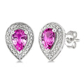 6X4 MM Pear Shape Lab-Created Pink Sapphire and 1/50 Ctw Round Cut Diamond Precious Earrings in Sterling Silver