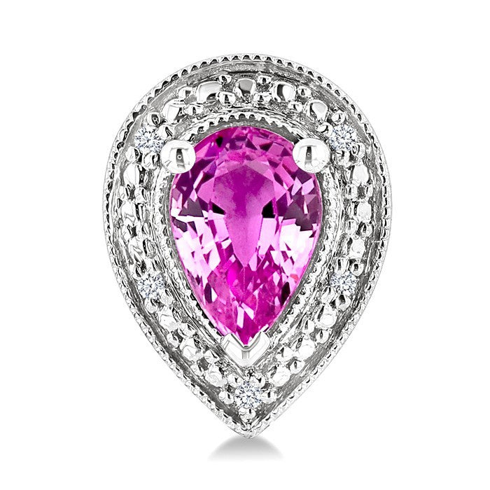 6X4 MM Pear Shape Lab-Created Pink Sapphire and 1/50 Ctw Round Cut Diamond Precious Earrings in Sterling Silver