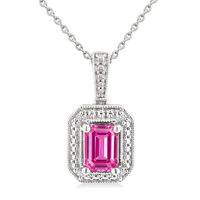 7X5 MM Octagon Shape Lab-Created Pink Sapphire and 1/50 Ctw Round Cut Diamond Precious Pendant With Chain in Sterling Silver