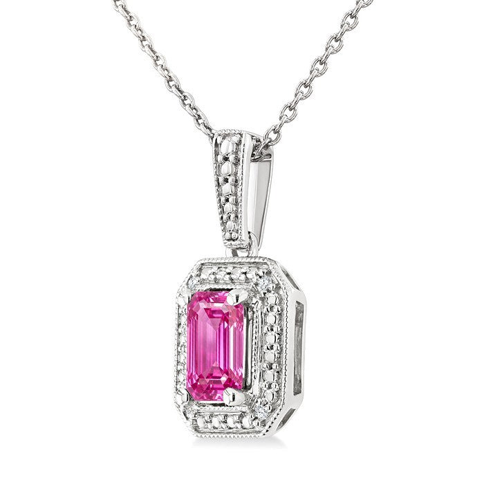 7X5 MM Octagon Shape Lab-Created Pink Sapphire and 1/50 Ctw Round Cut Diamond Precious Pendant With Chain in Sterling Silver
