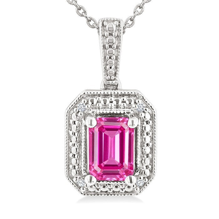 7X5 MM Octagon Shape Lab-Created Pink Sapphire and 1/50 Ctw Round Cut Diamond Precious Pendant With Chain in Sterling Silver
