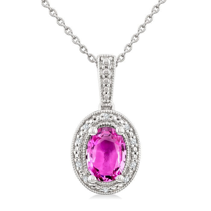 7X5 MM Oval Shape Lab-Created Pink Sapphire and 1/50 Ctw Round Cut Diamond Precious Pendant With Chain in Sterling Silver