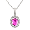 7X5 MM Oval Shape Lab-Created Pink Sapphire and 1/50 Ctw Round Cut Diamond Precious Pendant With Chain in Sterling Silver