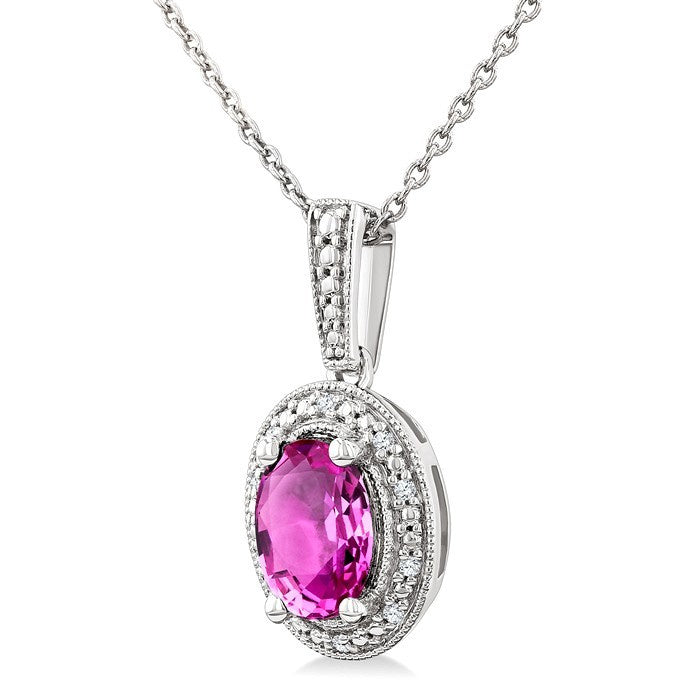 7X5 MM Oval Shape Lab-Created Pink Sapphire and 1/50 Ctw Round Cut Diamond Precious Pendant With Chain in Sterling Silver