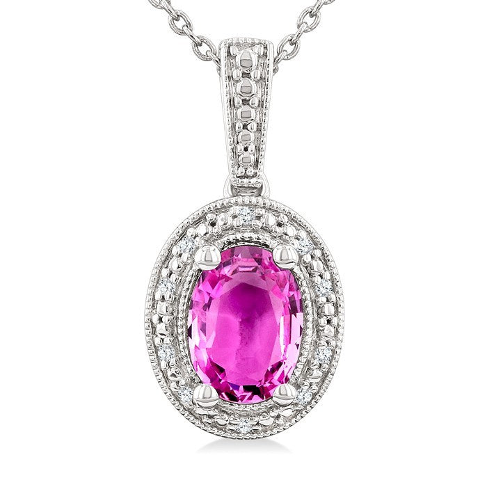 7X5 MM Oval Shape Lab-Created Pink Sapphire and 1/50 Ctw Round Cut Diamond Precious Pendant With Chain in Sterling Silver