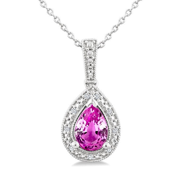 7X5 MM Pear Shape Lab-Created Pink Sapphire and 1/50 Ctw Round Cut Diamond Precious Pendant With Chain in Sterling Silver
